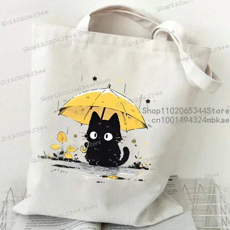 Kawaii Black Cat Canvas Tote Bag