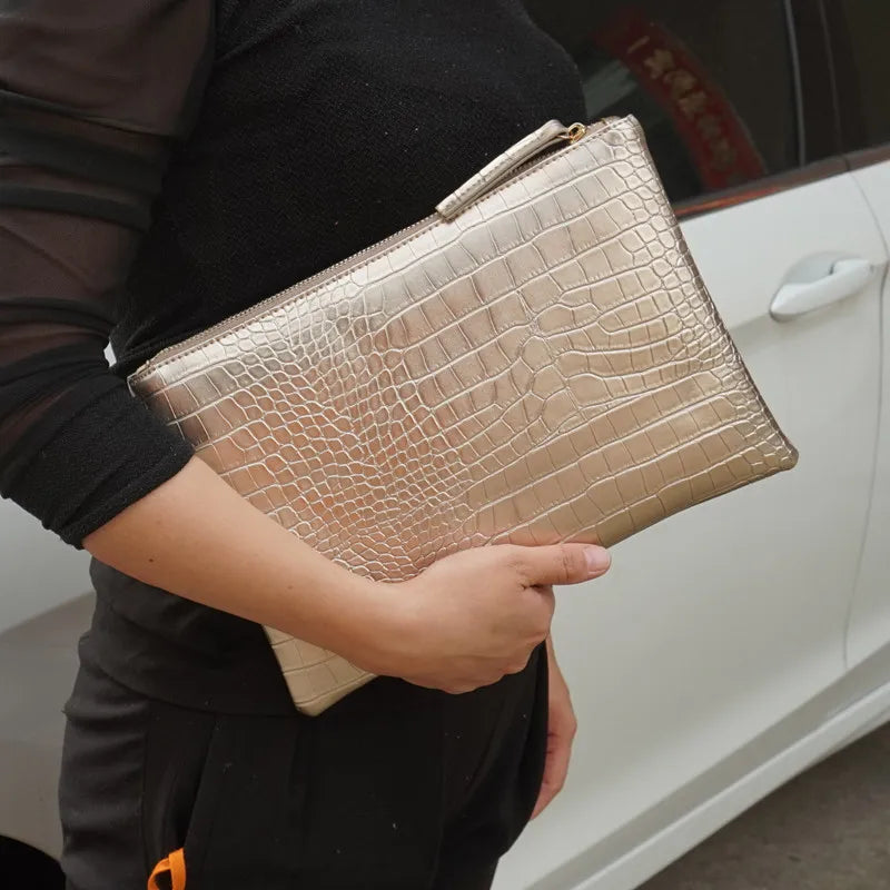Crocodile-Pattern Envelope Clutch