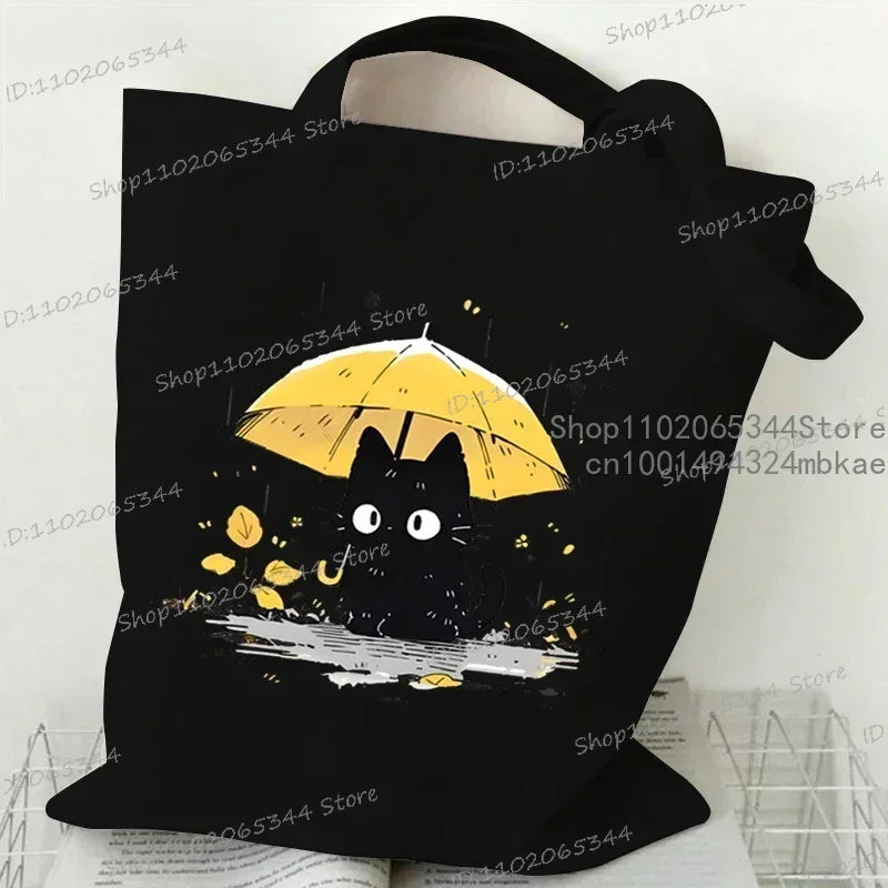 Kawaii Black Cat Canvas Tote Bag