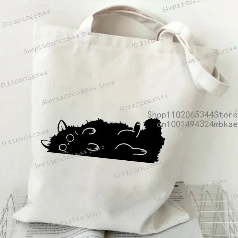 Kawaii Black Cat Canvas Tote Bag