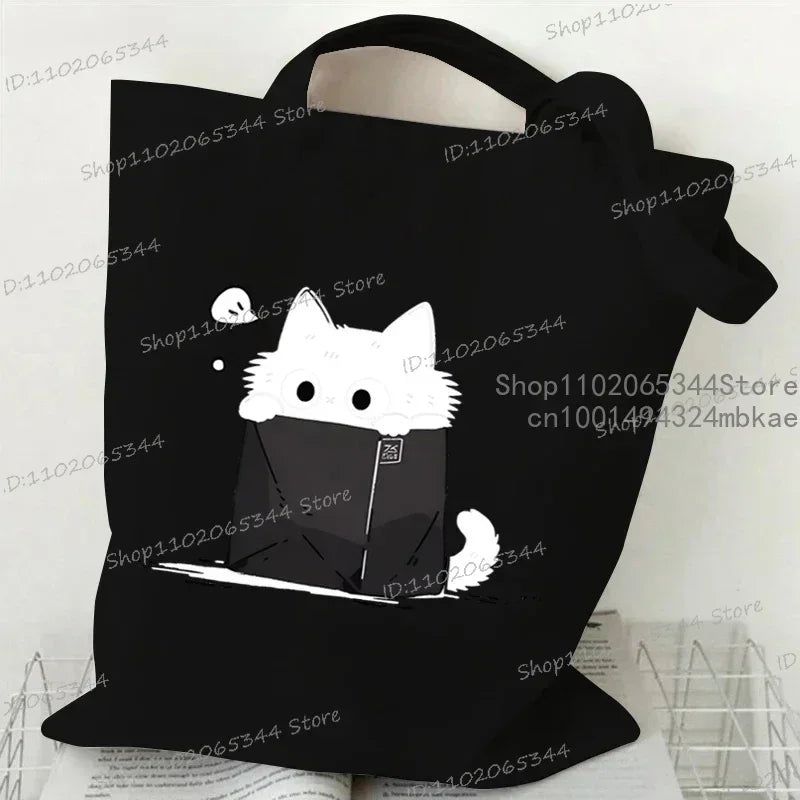Kawaii Black Cat Canvas Tote Bag