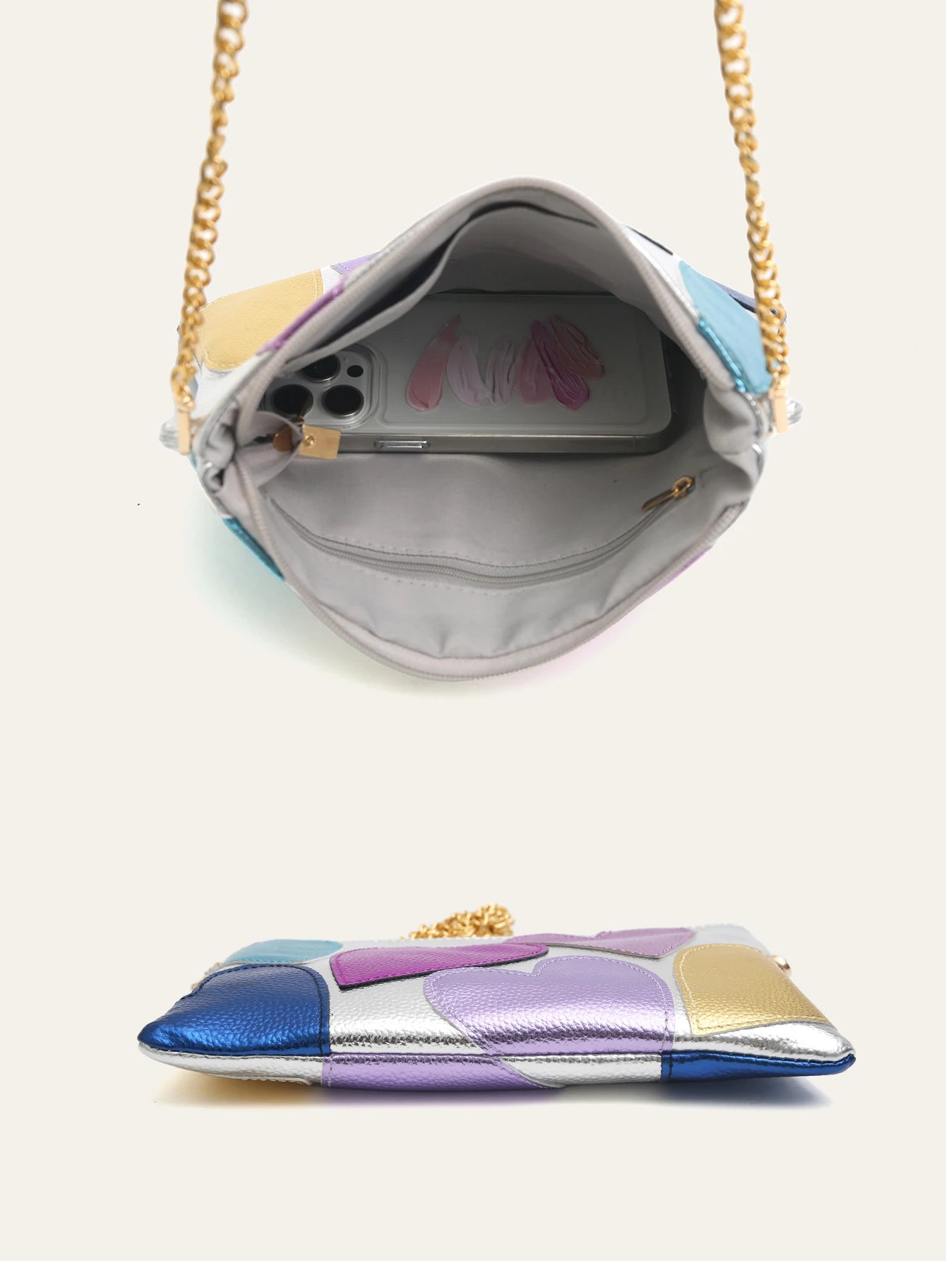 Colorful Metallic Heart Pattern Clutch