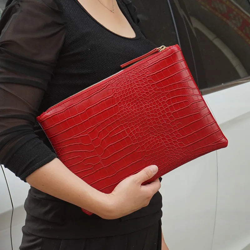 Crocodile-Pattern Envelope Clutch