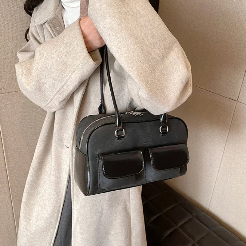 Korean Fashion Suede & PU Leather Bowling Bag