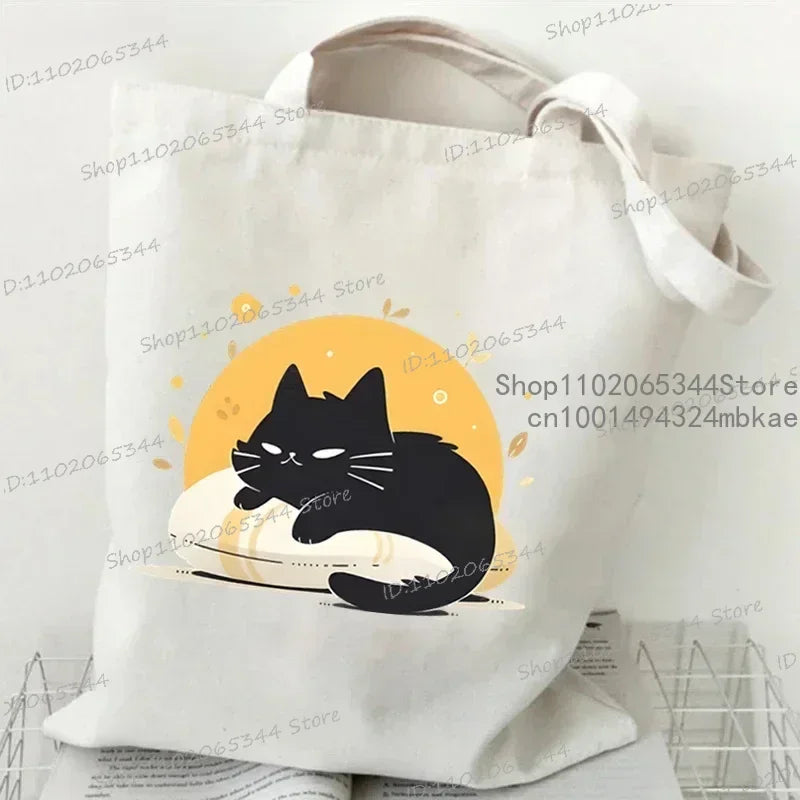 Kawaii Black Cat Canvas Tote Bag