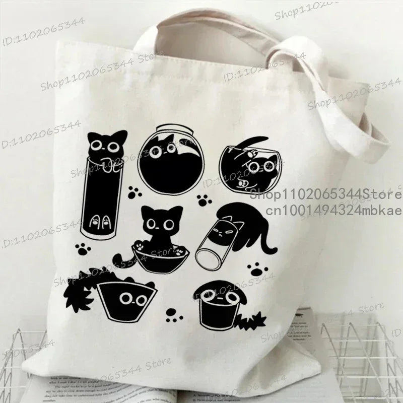 Kawaii Black Cat Canvas Tote Bag