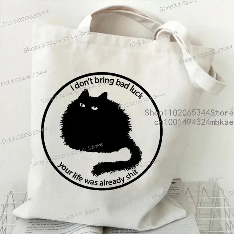 Kawaii Black Cat Canvas Tote Bag