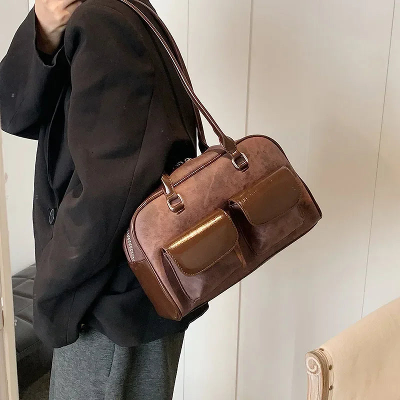 Korean Fashion Suede & PU Leather Bowling Bag