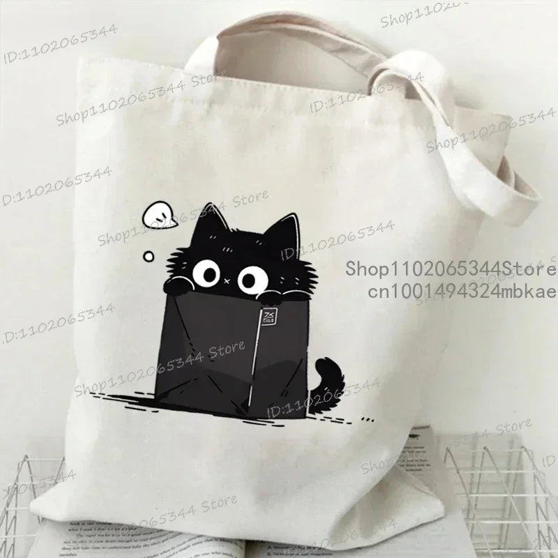 Kawaii Black Cat Canvas Tote Bag