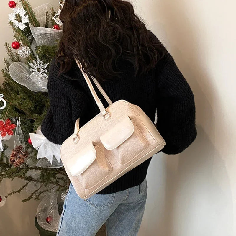 Korean Fashion Suede & PU Leather Bowling Bag