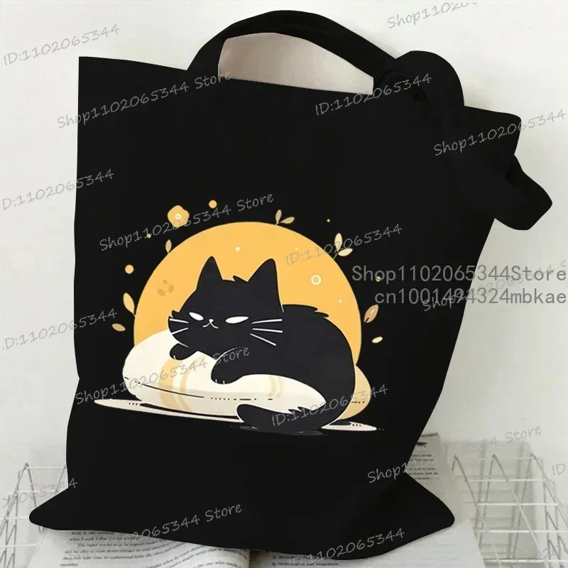 Kawaii Black Cat Canvas Tote Bag